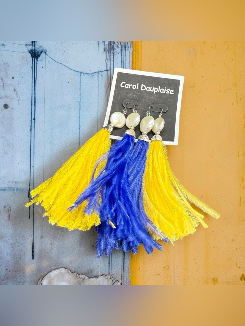 ššCarol DauplaiseššBoho Blue & Yellow Feather Drop Earrings w/Faux Pearl/NIP